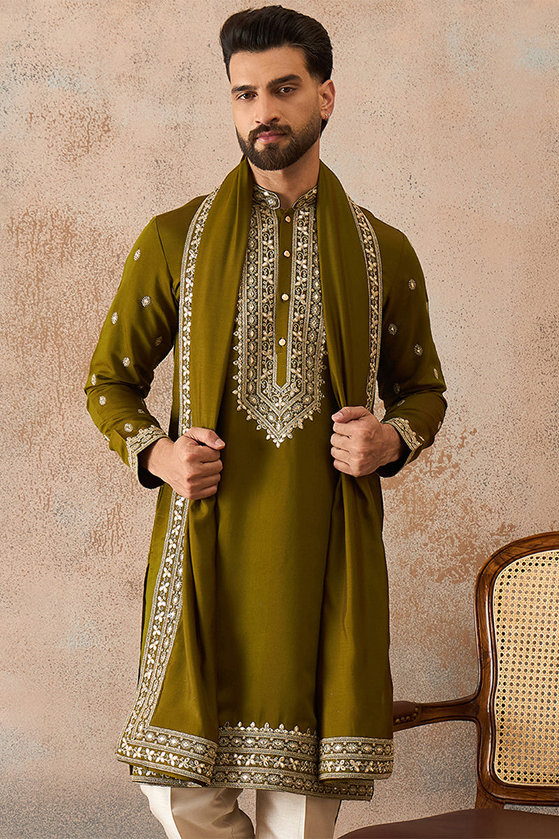 Mens Green Silk Blend Solid Embroidered Kurta With Dupatta MKUD1031