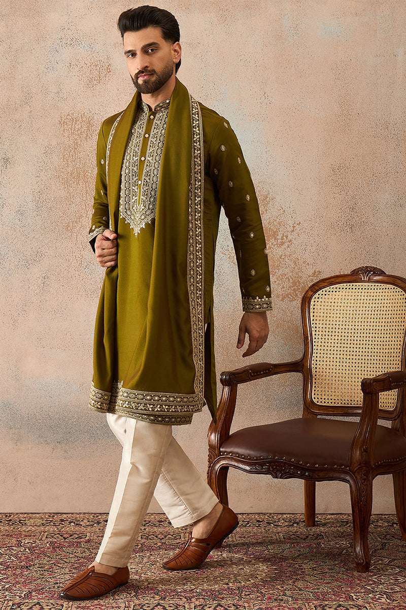 Mens Green Silk Blend Solid Embroidered Kurta With Dupatta MKUD1031