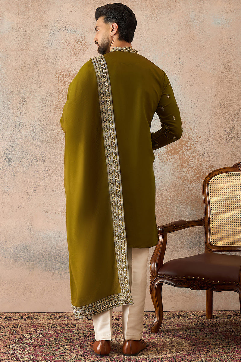 Mens Green Silk Blend Solid Embroidered Kurta With Dupatta MKUD1031