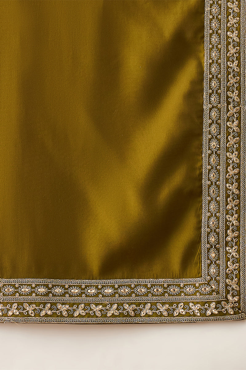 Mens Green Silk Blend Solid Embroidered Kurta With Dupatta