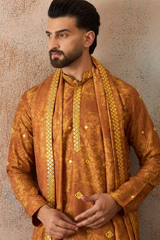 ethnic-bay-mens-mustard-silk-blend-ethnic-motifs-printed-mirror-work-kurta-with-dupatta-mkud1034