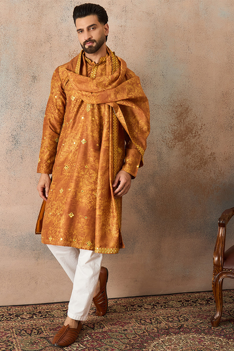 ethnic-bay-mens-mustard-silk-blend-ethnic-motifs-printed-mirror-work-kurta-with-dupatta-mkud1034
