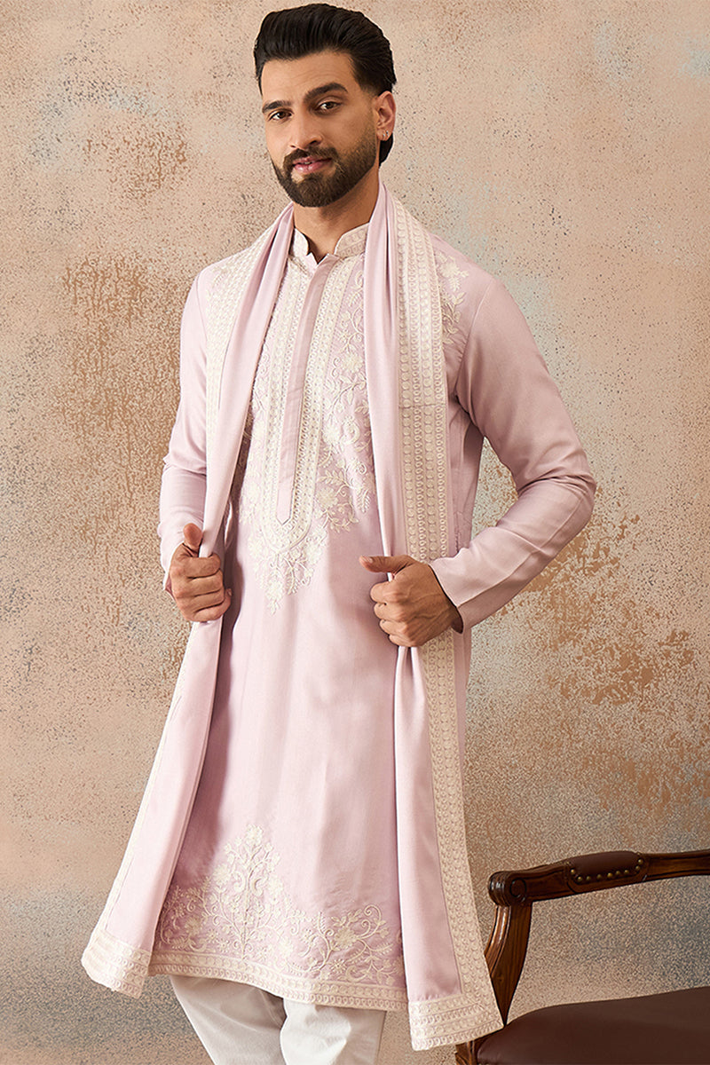 Mens Lavender Silk Blend Solid Embroidered Kurta Trouser With Dupatta MKPD1038