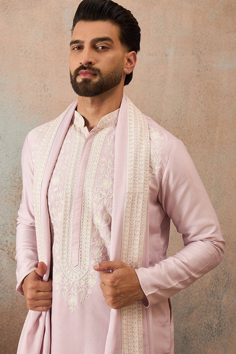 Mens Lavender Silk Blend Solid Embroidered Kurta Trouser With Dupatta MKPD1038