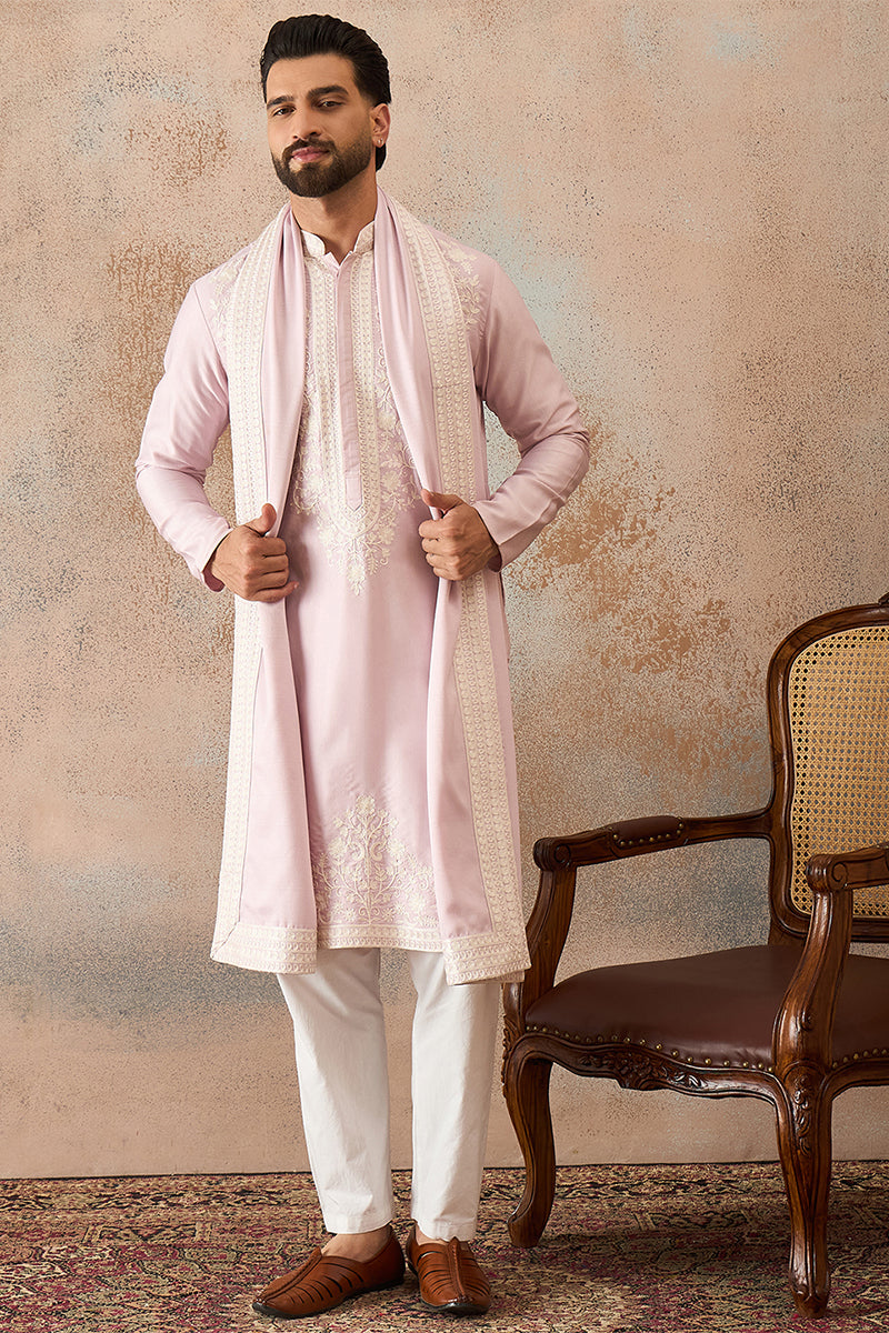 Mens Lavender Silk Blend Solid Embroidered Kurta Trouser With Dupatta MKPD1038