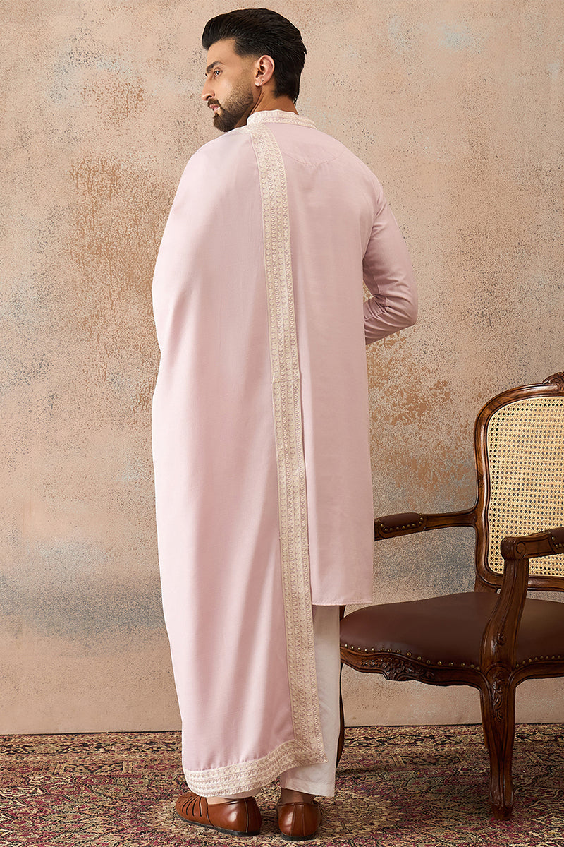 Mens Lavender Silk Blend Solid Embroidered Kurta Trouser With Dupatta MKPD1038
