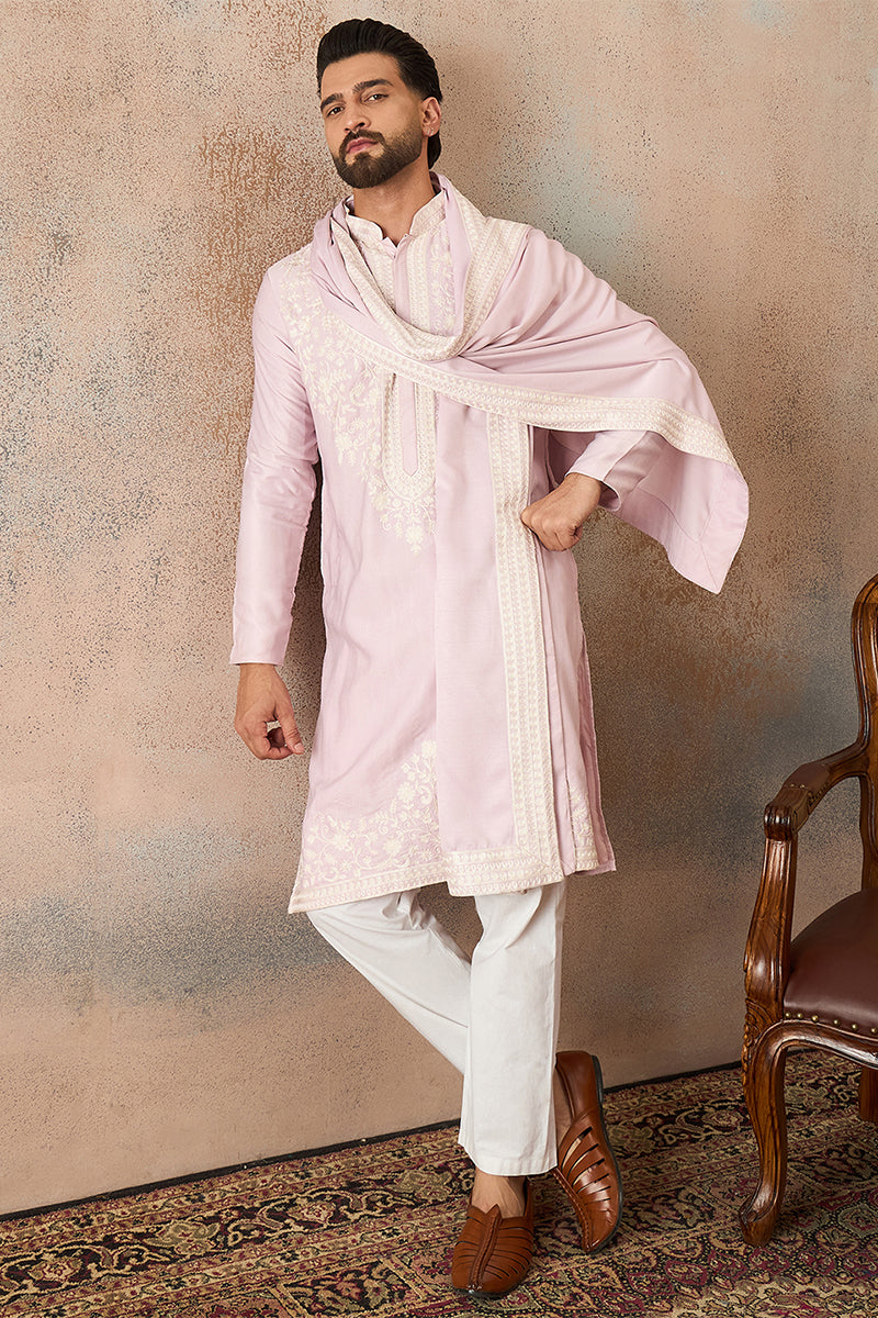 Mens Lavender Silk Blend Solid Embroidered Kurta Trouser With Dupatta