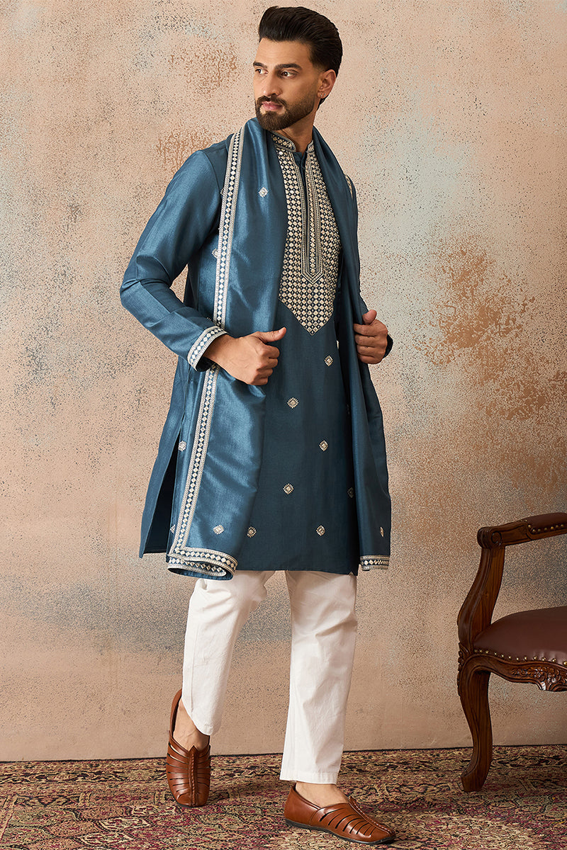 Mens Blue Silk Blend Solid Embroidered Kurta With Dupatta MKUD1048