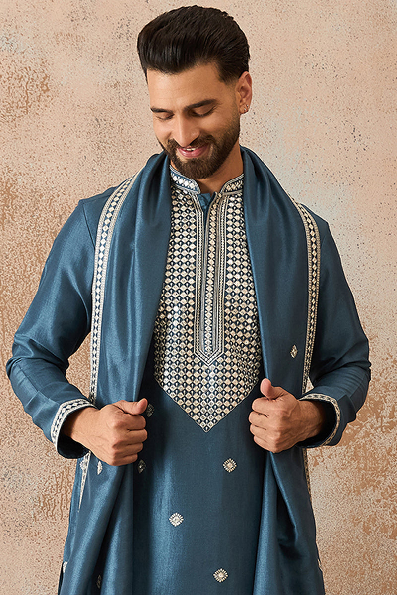 Mens Blue Silk Blend Solid Embroidered Kurta And Trouser With Dupatta MKPD1048