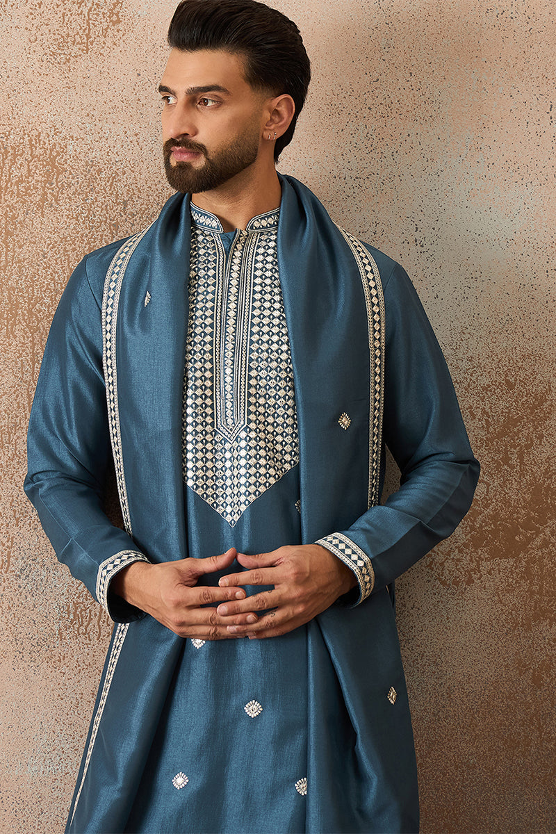 Mens Blue Silk Blend Solid Embroidered Kurta With Dupatta MKUD1048