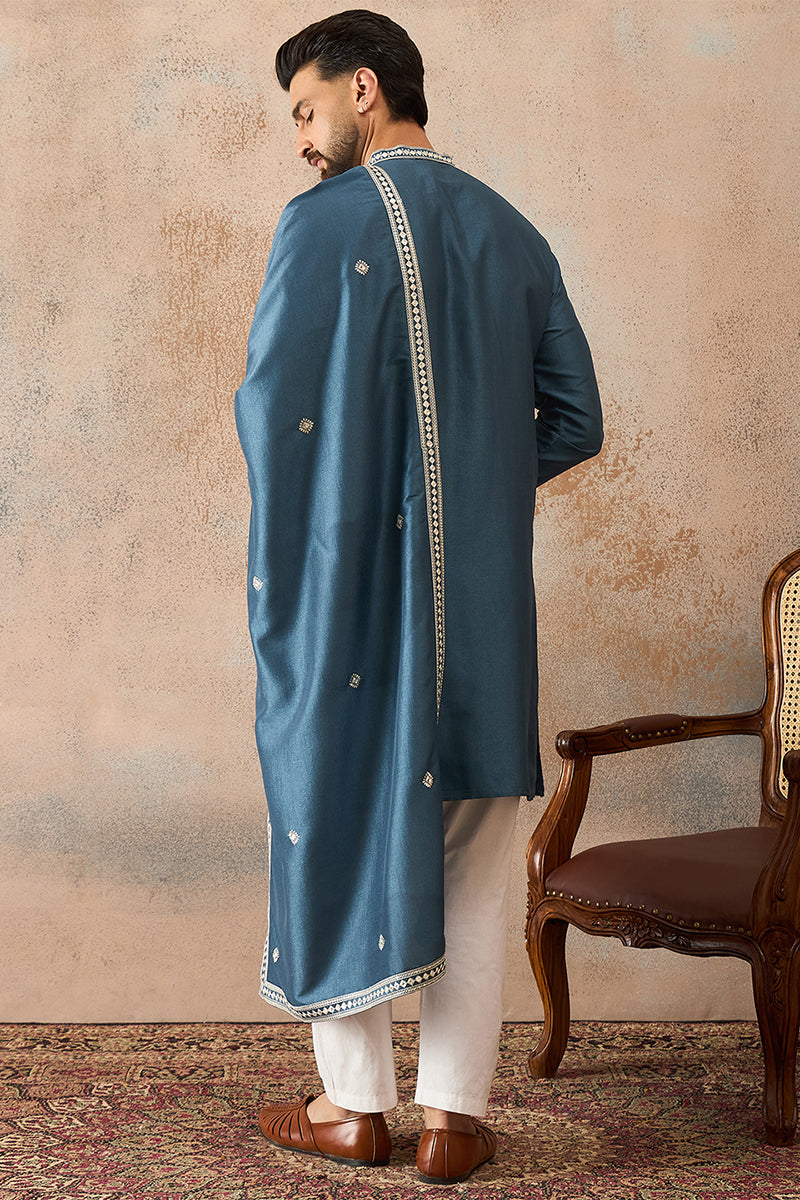 Mens Blue Silk Blend Solid Embroidered Kurta With Dupatta MKUD1048