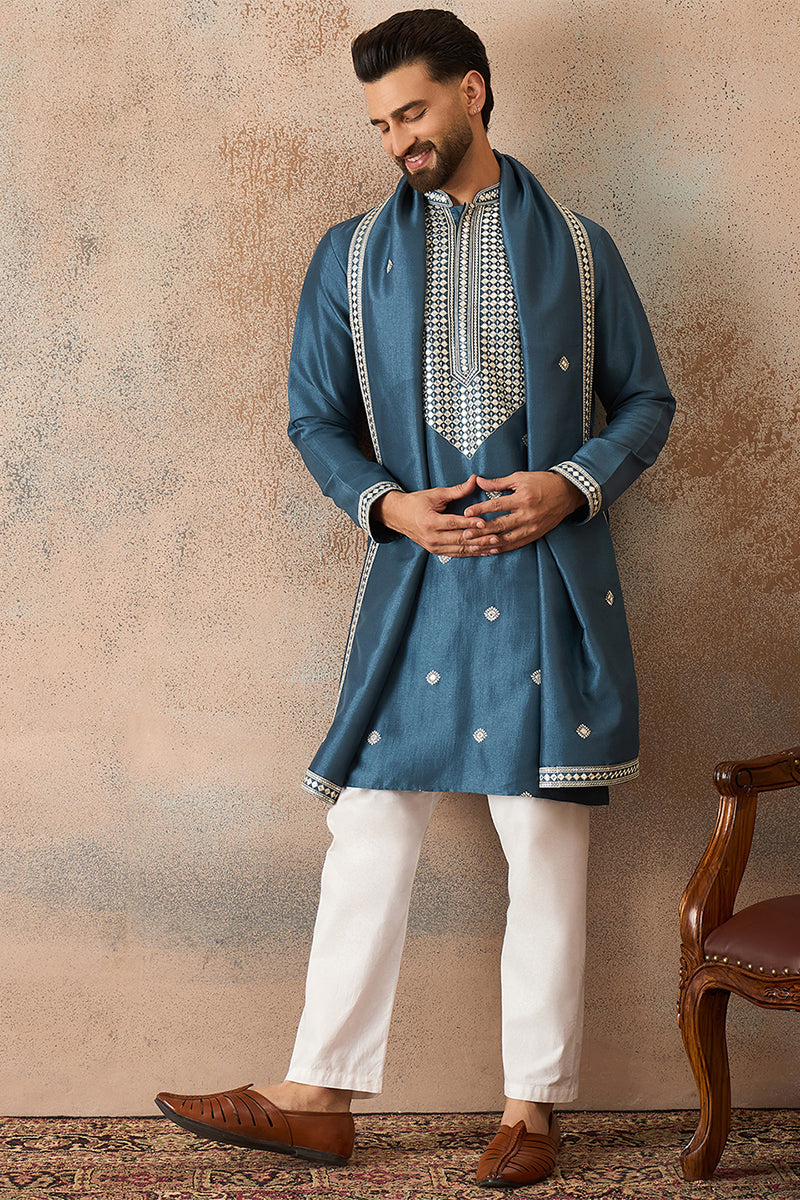 Mens Blue Silk Blend Solid Embroidered Kurta And Trouser With Dupatta
