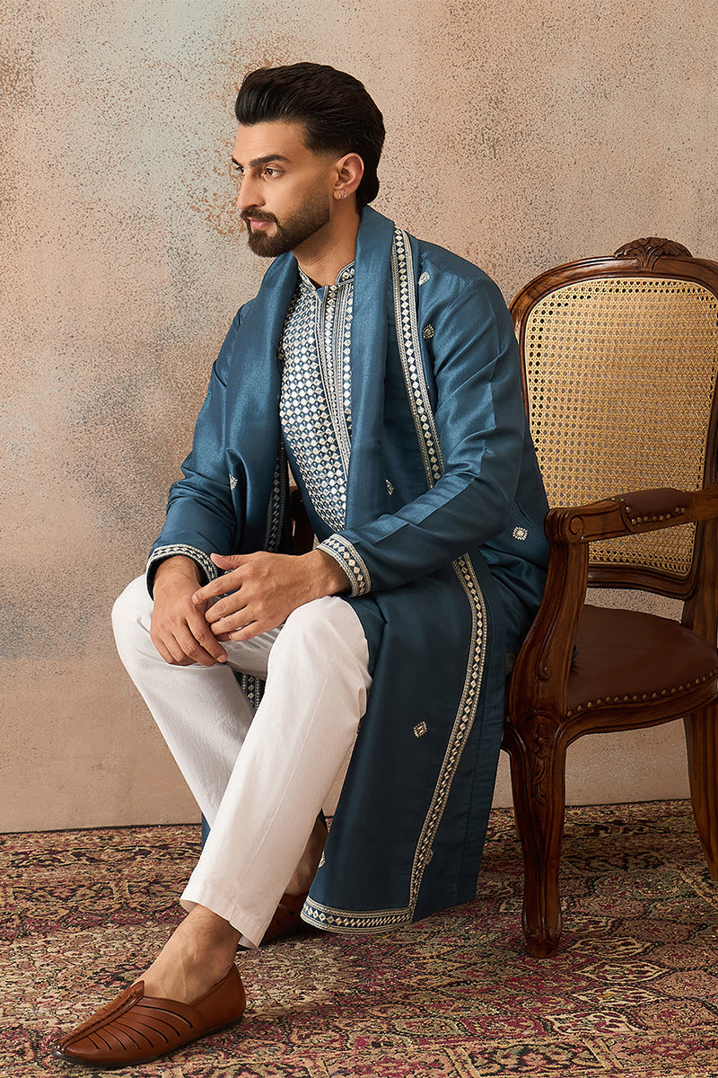 Mens Blue Silk Blend Solid Embroidered Kurta With Dupatta