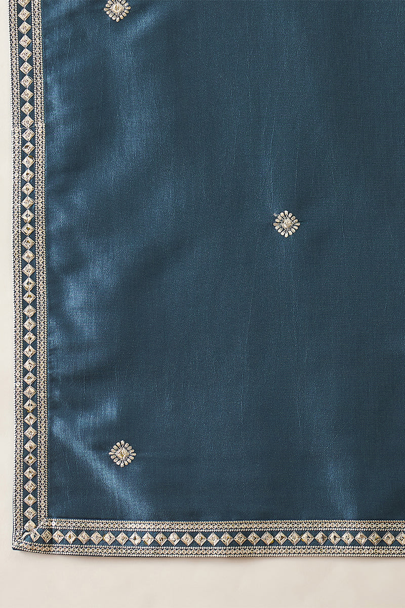 Mens Blue Silk Blend Solid Embroidered Kurta And Trouser With Dupatta