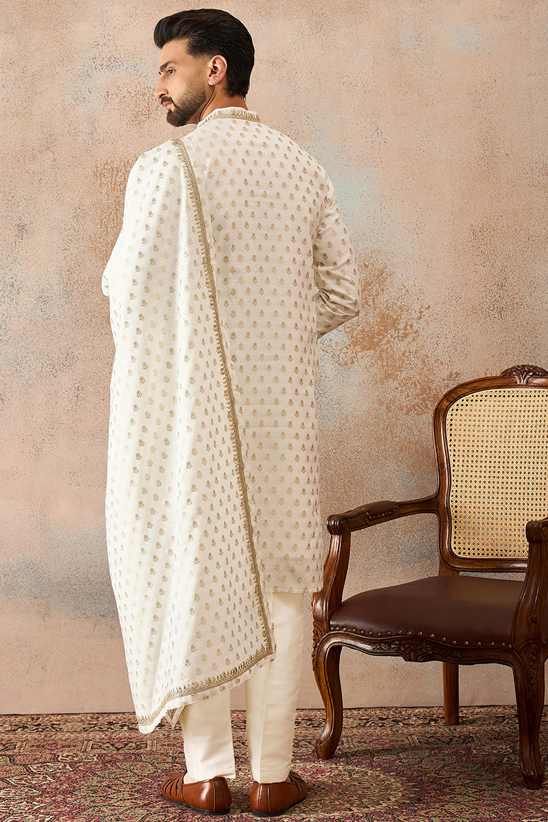Men White Jacquard Woven Design Floral Straight Kurta with Dupatta MKUD1049