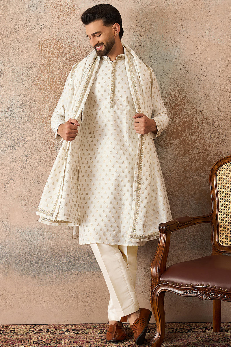 Men White Jacquard Woven Design Floral Straight Kurta with Dupatta MKUD1049