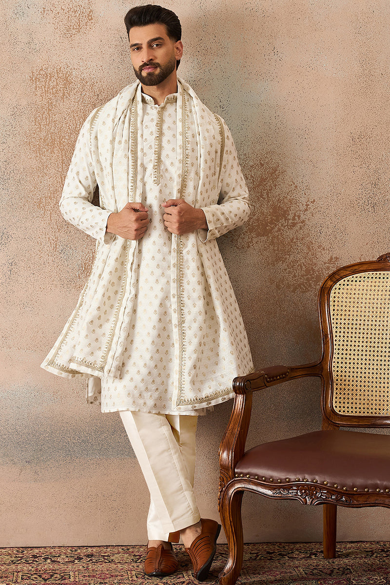 Men White Jacquard Woven Design Floral Straight Kurta Sets