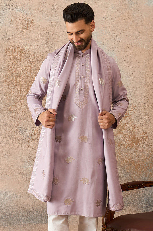 Mens Lavender Silk Blend Solid Embroidered Kurta With Dupatta MKUD1050