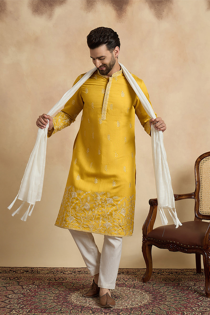 ethnic-bay-men-yellow-chanderi-silk-solid-embroidered-straight-kurta-trouser-with-dupatta-mkpd1314
