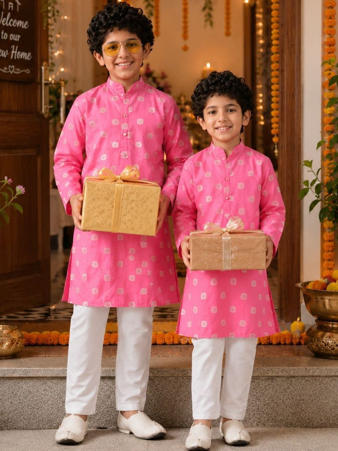 Indi Loom Couture Boys Pink Chanderi Jacquard Blazer Kurta with Pyjama Set ILBKS33
