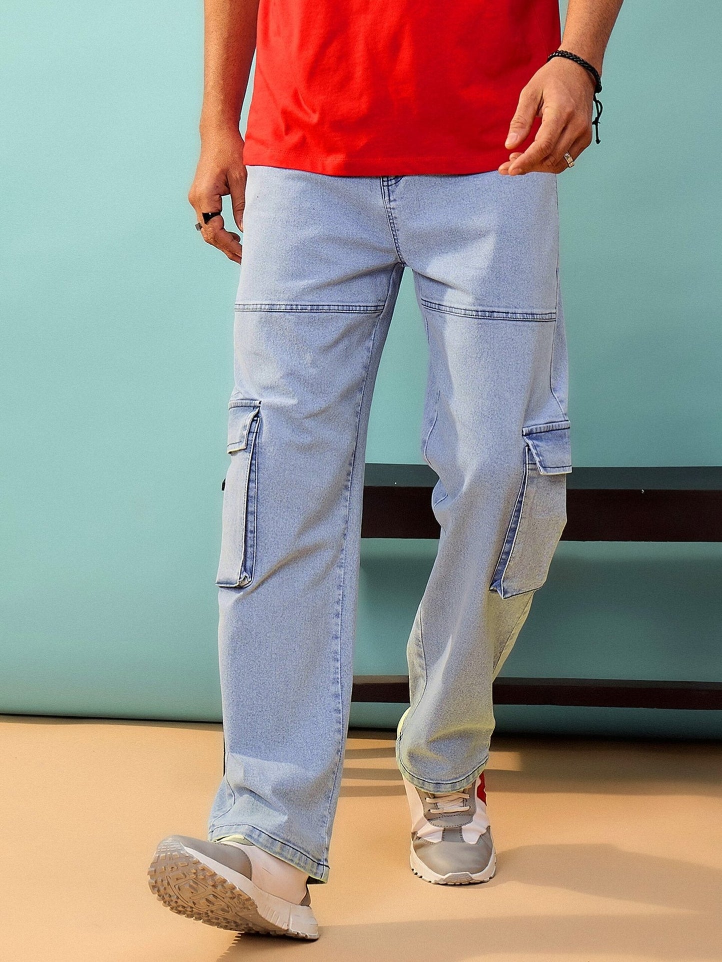 MASCLN SASSAFRAS - Men Blue Washed Cargo Pocket Oversize Jeans