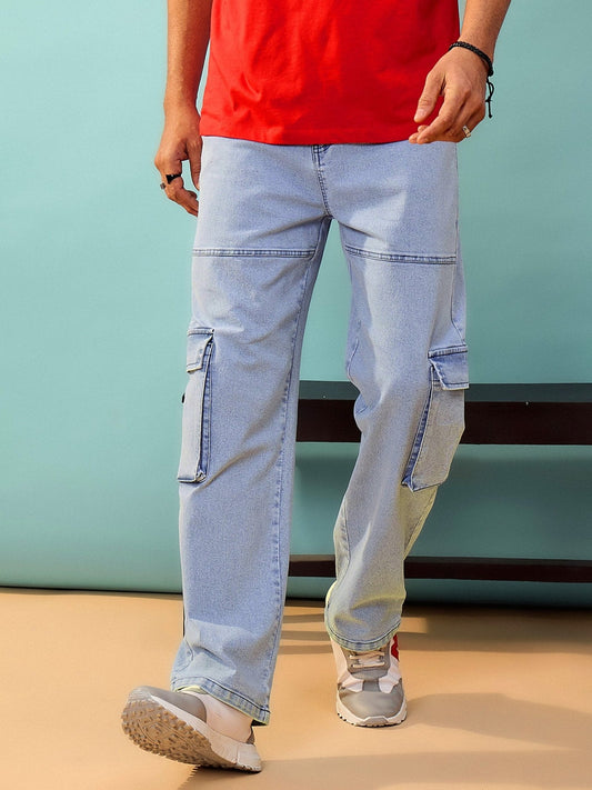 MASCLN SASSAFRAS - Men Blue Washed Cargo Pocket Oversize Jeans