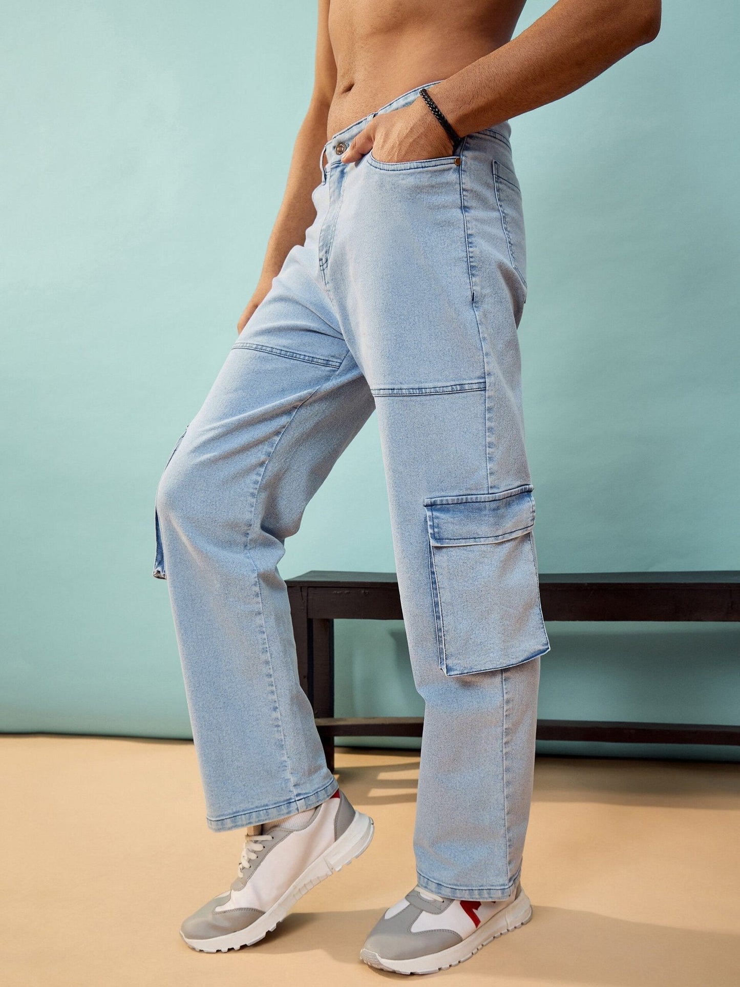 MASCLN SASSAFRAS - Men Blue Washed Cargo Pocket Oversize Jeans