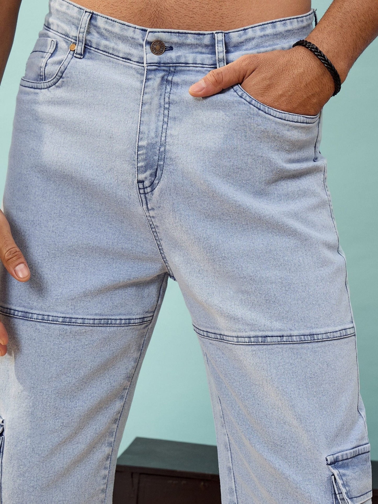 MASCLN SASSAFRAS - Men Blue Washed Cargo Pocket Oversize Jeans