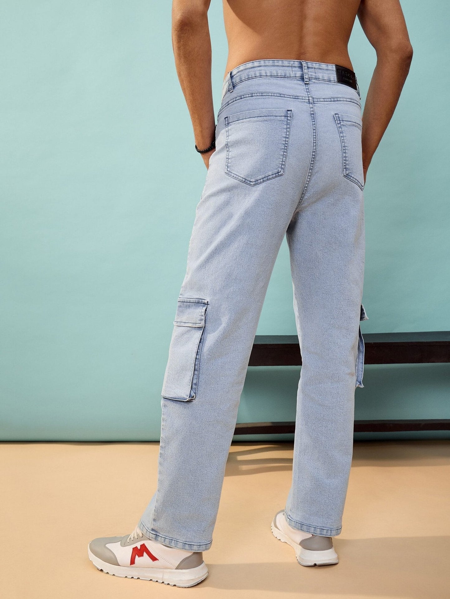 MASCLN SASSAFRAS - Men Blue Washed Cargo Pocket Oversize Jeans