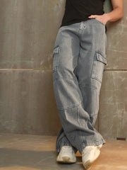 Men Grey Wide Leg Cargo Jeans
