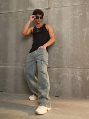 Men Grey Wide Leg Cargo Jeans