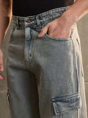 Men Grey Wide Leg Cargo Jeans
