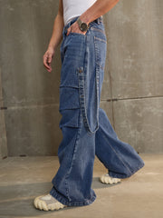 Men Navy Washed Knee Pleated Wide Leg Jeans