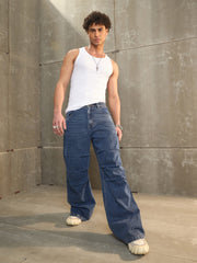 Men Navy Washed Knee Pleated Wide Leg Jeans