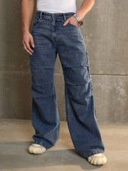 Men Navy Washed Knee Pleated Wide Leg Jeans