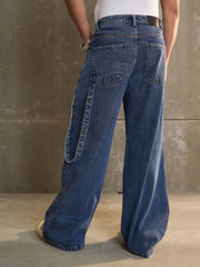 Men Navy Washed Knee Pleated Wide Leg Jeans
