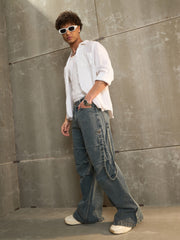 Men Blue Washed Knee Pleated Wide Leg Jeans