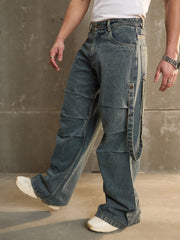Men Blue Washed Knee Pleated Wide Leg Jeans