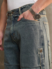 Men Blue Washed Knee Pleated Wide Leg Jeans