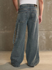 Men Blue Washed Knee Pleated Wide Leg Jeans
