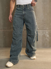 Men Blue Washed Knee Pleated Wide Leg Jeans