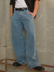 Men Blue Washed Side Detail Wide Leg Jeans
