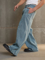 Men Blue Washed Side Detail Wide Leg Jeans
