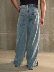 Men Blue Washed Side Detail Wide Leg Jeans