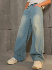 Men Blue Washed Basic Wide Leg Jeans