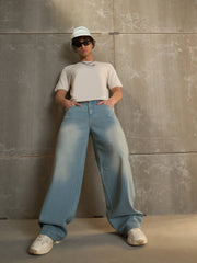 Men Blue Washed Basic Wide Leg Jeans