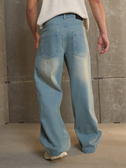 Men Blue Washed Basic Wide Leg Jeans