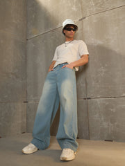 Men Blue Washed Basic Wide Leg Jeans