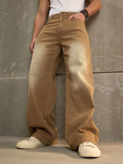 Men Brown Washed Basic Wide Leg Jeans