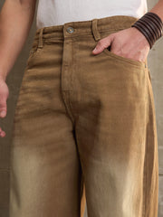 Men Brown Washed Basic Wide Leg Jeans